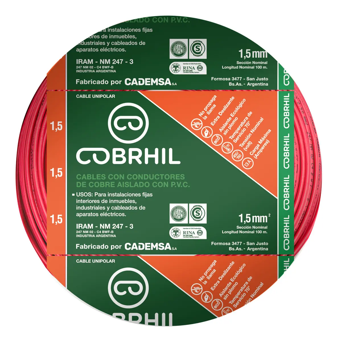 Rollo cable Cobrhil unipolar 1 x 1,50mm - IRAM - 100 metros (ROJO)