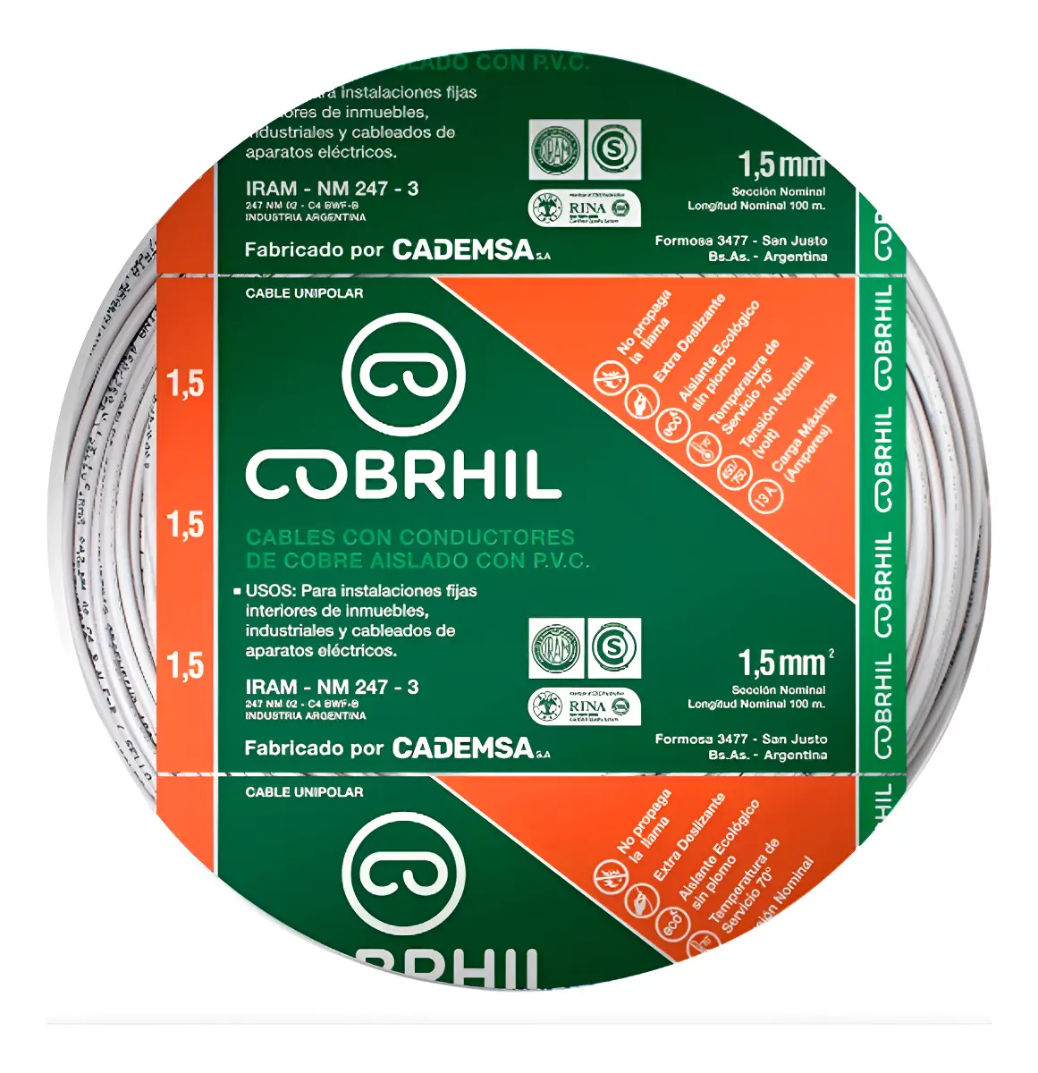 Rollo cable Cobrhil unipolar 1 x 1,50mm - IRAM - 100 metros (BLANCO)