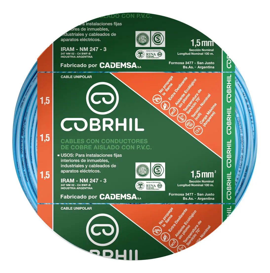 Rollo cable Cobrhil unipolar 1 x 1,50mm - IRAM - 100 metros (CELESTE)