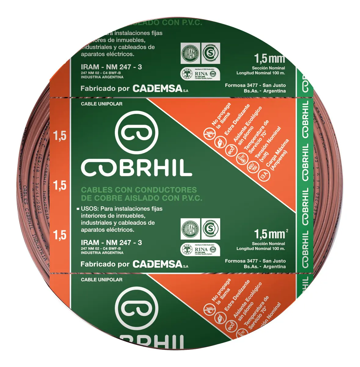 Rollo cable Cobrhil unipolar 1 x 1,50mm - IRAM - 100 metros (MARRON)