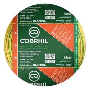 Rollo cable Cobrhil unipolar 1 x 1,50mm - IRAM - 100 metros (VERDE / AMARRILLO)