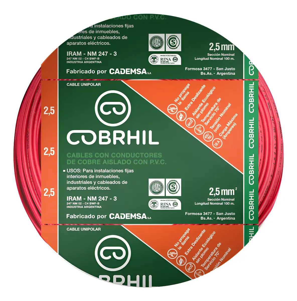 Rollo cable Cobrhil unipolar 1 x 2,50mm - IRAM - 100 metros (ROJO)