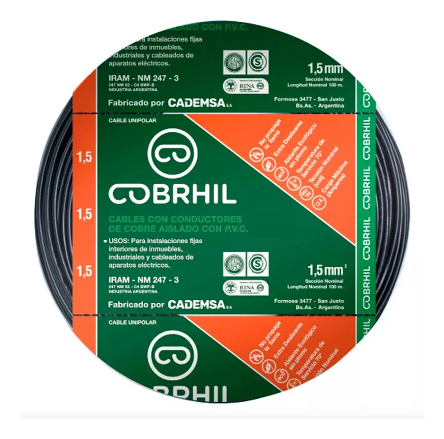 Rollo cable Cobrhil unipolar 1 x 1,50mm - IRAM - 100 metros (NEGRO)