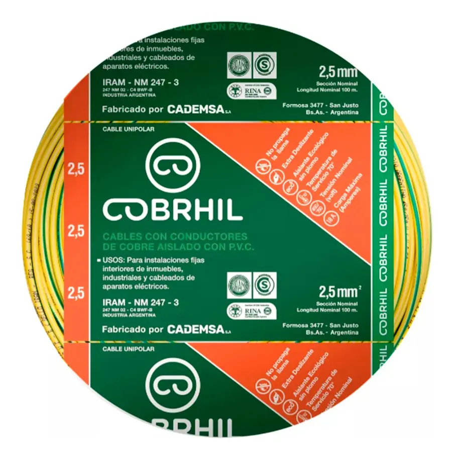 Rollo cable Cobrhil unipolar 1 x 2,50mm - IRAM - 100 metros (VERDE / AMARILLO)