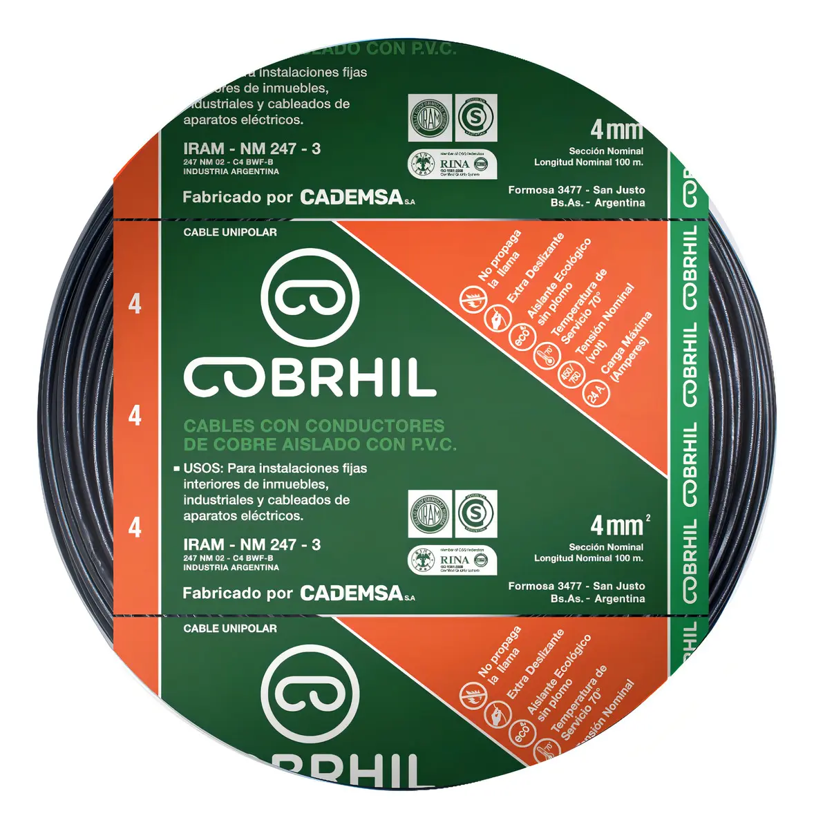 Rollo cable Cobrhil unipolar 1 x 4,00mm - IRAM - 100 metros (NEGRO)
