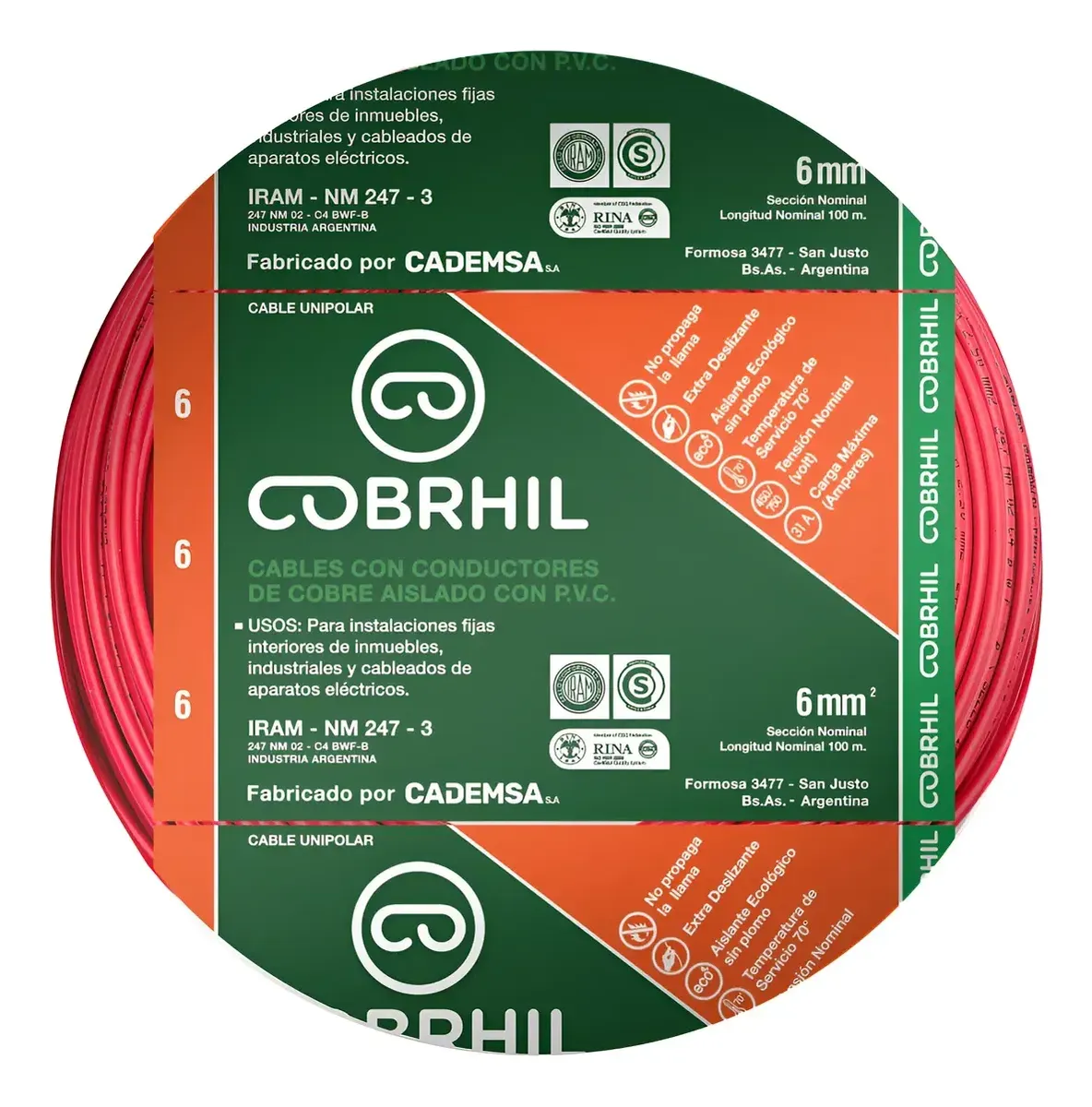Rollo cable Cobrhil unipolar 1 x 6,00mm - IRAM - 100 metros (ROJO)