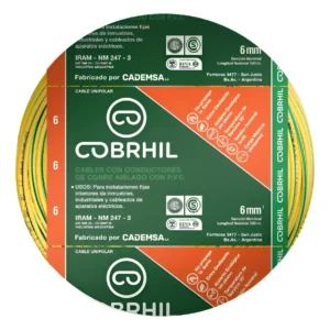 Rollo cable Cobrhil unipolar 1 x 6,00mm - IRAM - 100 metros (VERDE / AMARILLO)